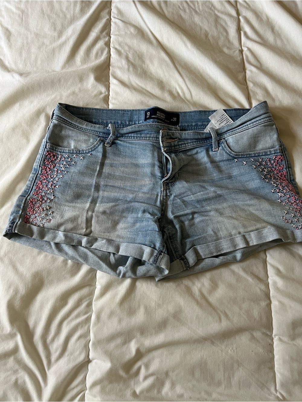 Hollister Light Blue Denim Shorts with Pink Star Embroidery